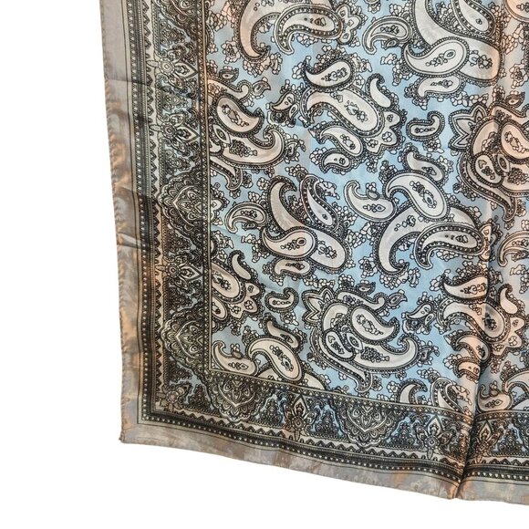 Lt Blue Black White Silver Paisley Satin Scarf Western Wild Rage Boho Chic 23" - Picture 8 of 11